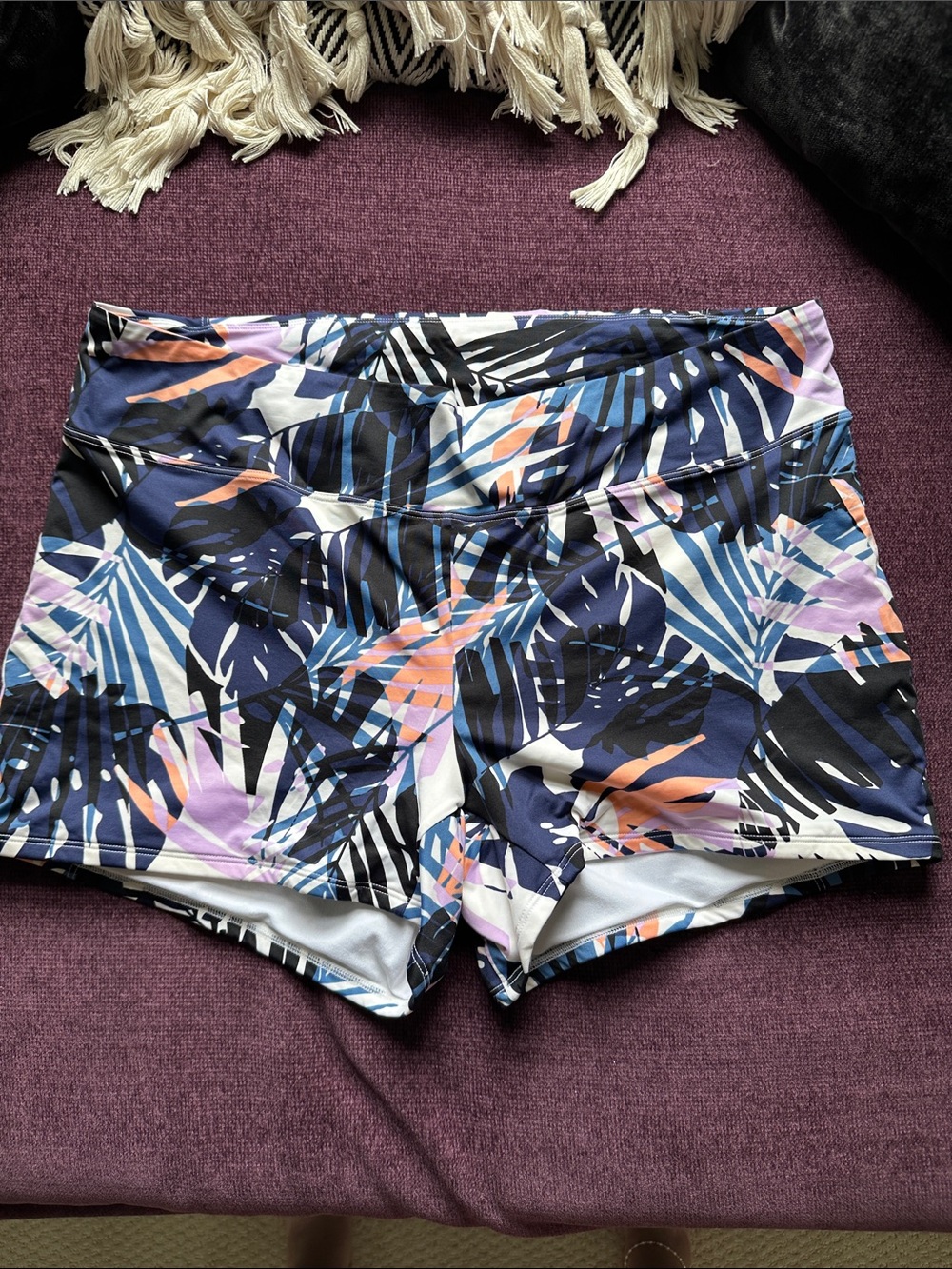L.L. Bean Tropical-Print Swim Shorts in Navy, Coral, Lavender and White